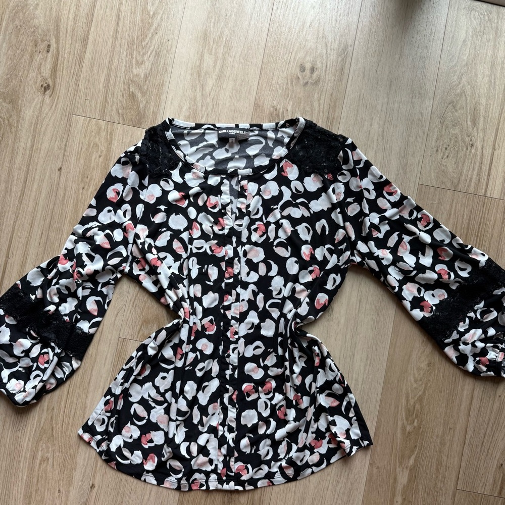 Karl Lagerfeld Monochrome Floral Blouse with Pink Accents